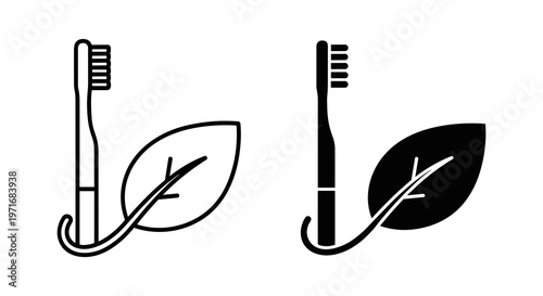 Eco friendly toothbrush icons, black and white vector illustrations, dental care symbols, sustainable oral hygiene graphics