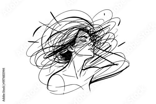 A woman with chaotic scribble lines in artistic line style on white background, symbolizing confusion and emotional turmoil. Concept of burnout and digital noise