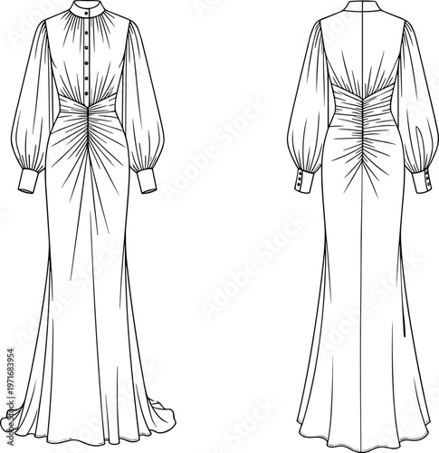 Foto Technical Fashion Sketch of Women Long Sleeve Maxi Dress Featuring High Neck But