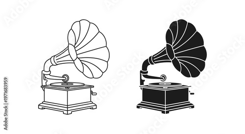 Vintage gramophone icons, antique sound equipment, black and white illustration, musical instrument symbols