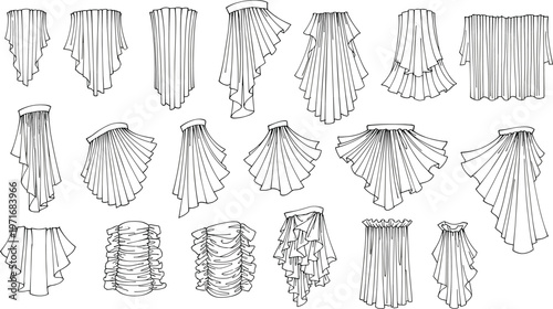 Technical Vector Illustration Set of Various Fabric Draping Styles Ruffles and Flounces for Fashion Garment Design and Apparel Flat Sketches