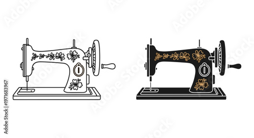 Vintage sewing machines, antique style, black and gold, vector illustrations, sewing equipment