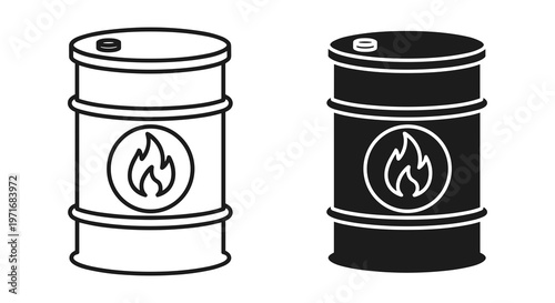 Flammable, hazardous material, barrel icons, black and white, vector graphics