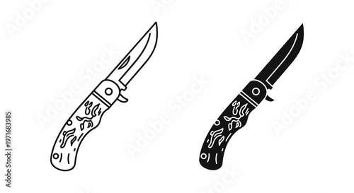 Vector pocket knives, folding knives, black and white icons, knife illustrations, blade designs
