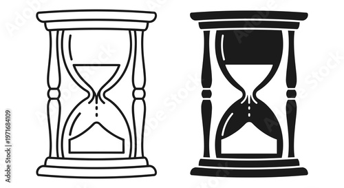 Hourglass icons, sand timer illustrations, black and white, vector graphics