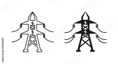 Electric power transmission tower icons, black and white line art, electricity pylons, energy infrastructure symbols