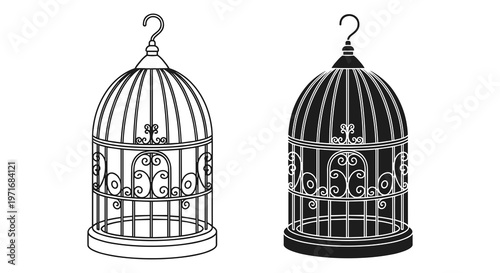 Birdcage icons, black and white, vector illustration, ornate metal cages