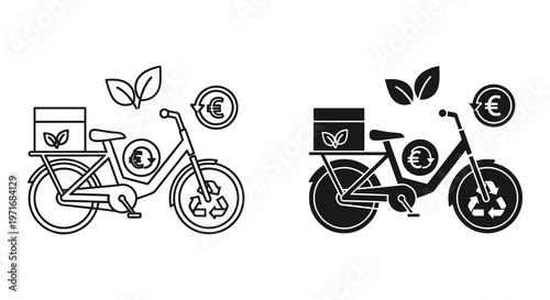Eco friendly delivery bicycle icons, sustainable transport, black and white vector graphics, money leaf symbols