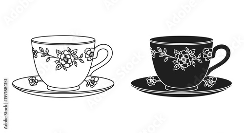 Tea Cup and Saucer Illustrations, Floral Pattern, Black and White Vector Graphics, Coffee Cup Designs, Vintage Style