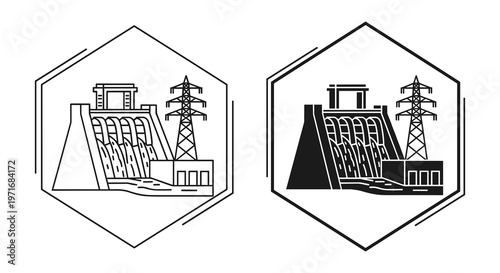 Dam, hydroelectric power plant, vector icons, black and white