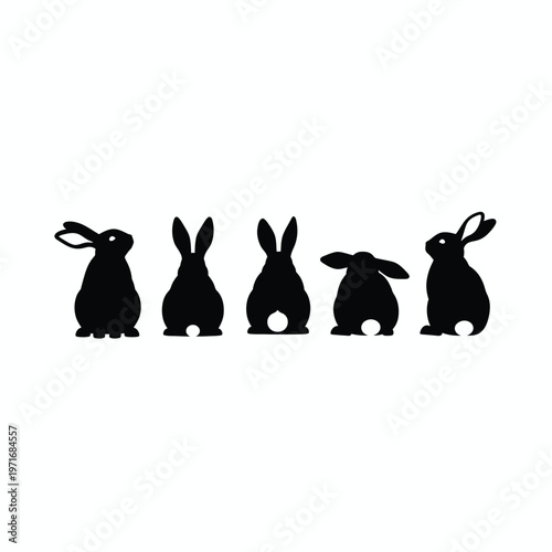 Silhouette of five rabbits a minimalist black and white illustration of hares in various poses