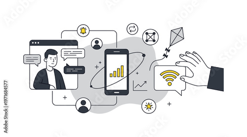 Digital communication and connectivity concept with mobile phone and wifi signal