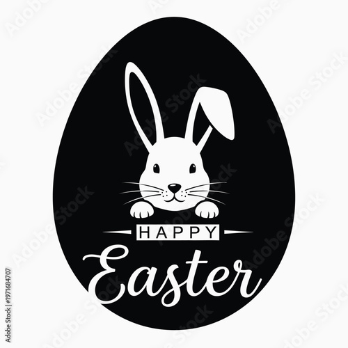 A striking black easter egg design featuring a white rabbit and elegant calligraphy perfect for seasonal greetings