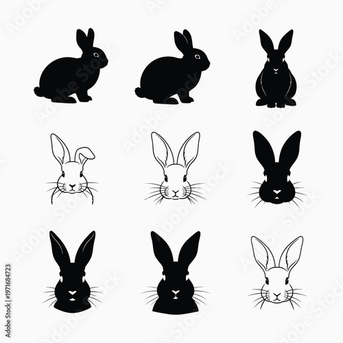 Nine rabbit silhouettes a collection of black and white bunny illustrations in various poses