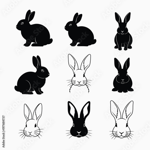 Nine black and white rabbit silhouettes a minimalist animal illustration collection