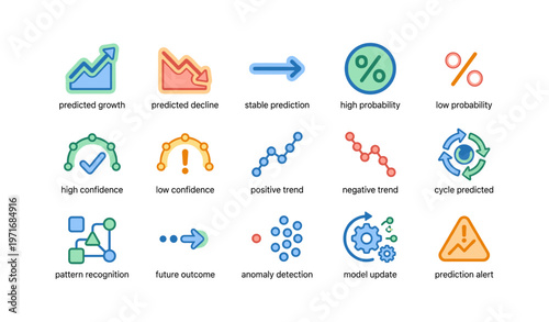 Icon set representing data analysis trends and predictions
