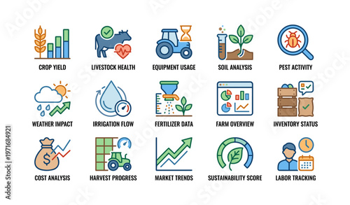 Agricultural data icons illustrating farming insights and analysis