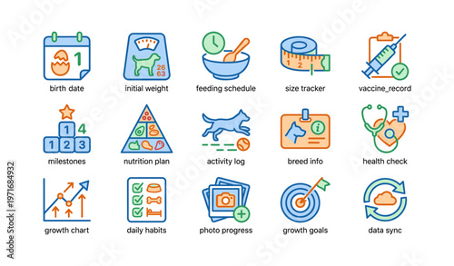 Pet health tracking icons: feeding, milestones, vaccine records, growth monitoring, activity log