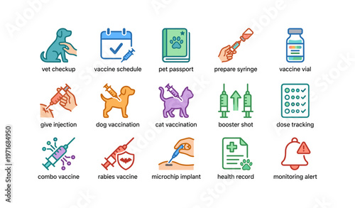 Pet health icons: vet checkup, vaccine schedule, pet passport, vaccination, health record