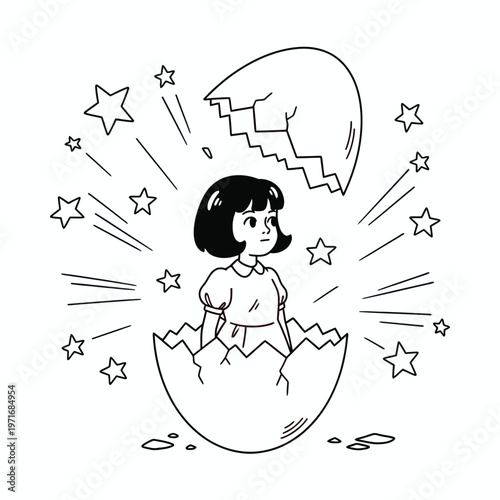 Emergence and new beginnings a girl breaking free from an eggshell surrounded by sparkling stars
