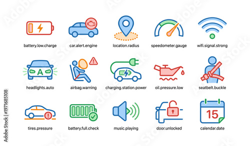 Car dashboard icons indicating alerts and functions including battery and seatbelt