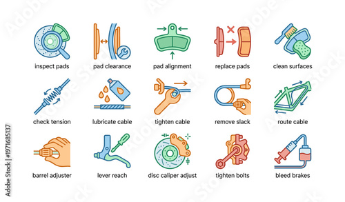 Bicycle maintenance icons: inspect pads, adjust cables, replace brakes, align pads, lubricate cables