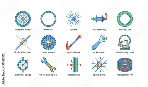 Detailed bicycle repair components illustrated icons set