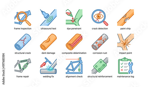 Illustrated icons of damage detection and structural repair processes