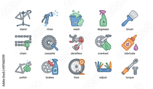 Bicycle maintenance icons set featuring tools and cleaning supplies
