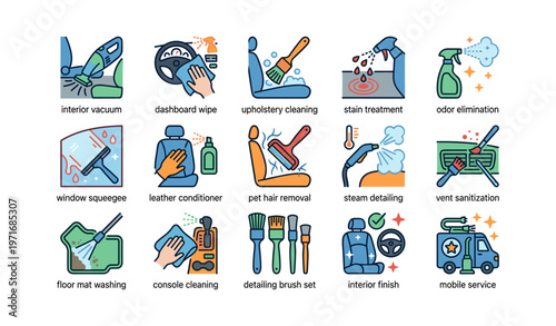 Car detailing icons set with cleaning tools and services