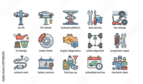 Car maintenance icons: lift, brake check, engine diagnostics, tire change, auto service tools