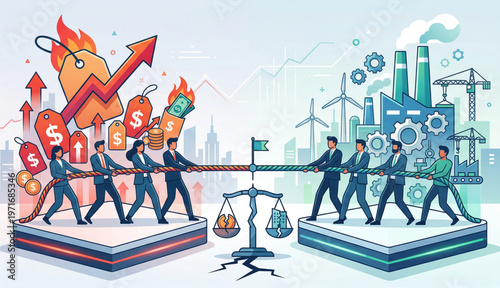 Conceptual stagflation visuals combining inflation pressure and stagnating output through minimal infographics and symbolic metaphors. Ideal for editorial content, presentations, blogs, and marketing 