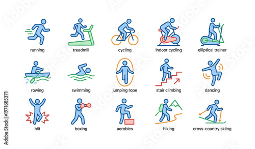 Illustrated icons of various fitness activities including running and cycling