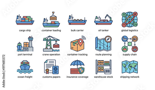 Shipping and logistics icons featuring cargo ships and supply chain elements
