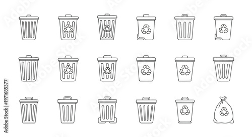 Collection of various recycling and waste disposal bin icons in a grid layout