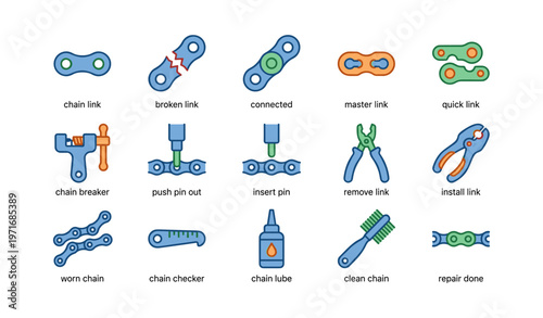 Bicycle chain maintenance tools and illustrations with various link types