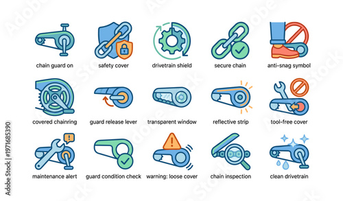 Bicycle safety and maintenance icons featuring chain guards and inspection tools