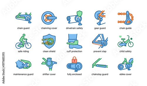 Bicycle safety and maintenance icons illustrating bike protection