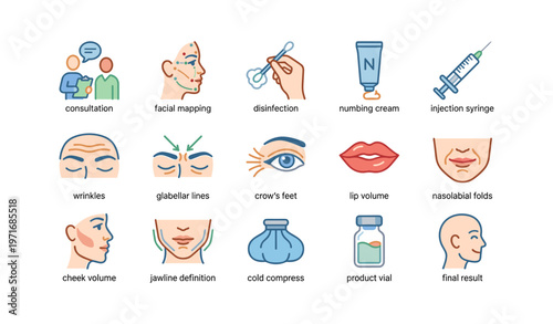 Facial aesthetic procedures: consultation, mapping, and treatment illustrations