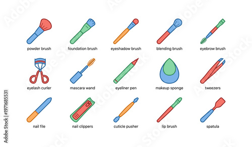 Colorful makeup tools collection including brushes, eyeliner, mascara, and nail care accessories