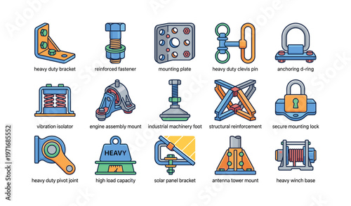 Industrial components collection featuring brackets, fasteners, and reinforcements