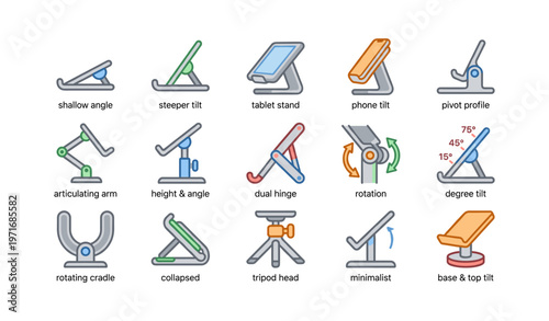 Various designs and features of adjustable tablet stands illustrated
