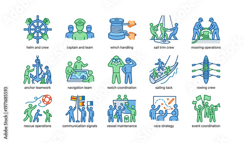 Nautical crew activities and operations: illustrated guide to sailing and coordination