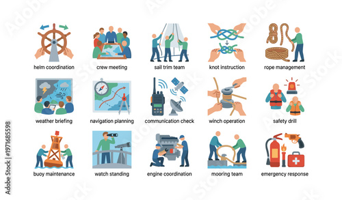 Sailing team activities and safety procedures illustrated