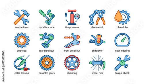 Bicycle maintenance icons: tools, derailleurs, gears, lubricants, gauges