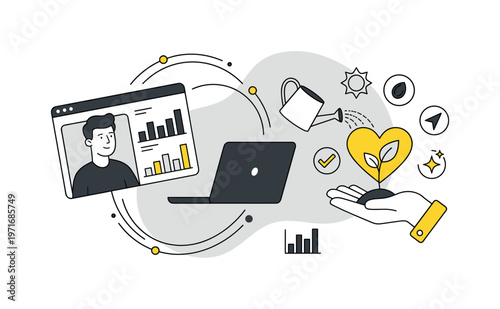 Digital growth and nurturing concept with laptop and heart plant
