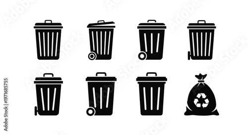 Collection of black and white icons depicting various types of waste bins and recycling symbols