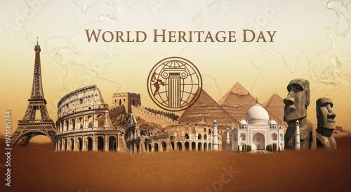 World Heritage Day illustration with global landmarks and cultural symbols on vintage parchment