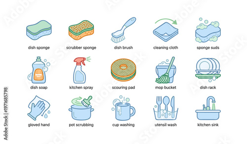 Kitchen cleaning tools and supplies icons illustration
