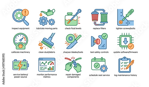 Industrial maintenance icons: equipment, lubrication, filters, calibration, safety